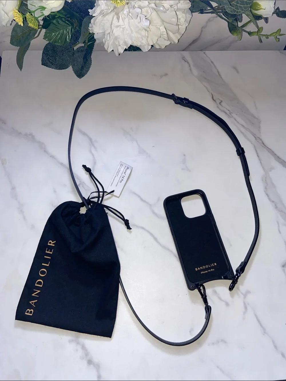 Bandolier Black Leather Crossbody Phone 14 Pro Case with Adjustable Strap